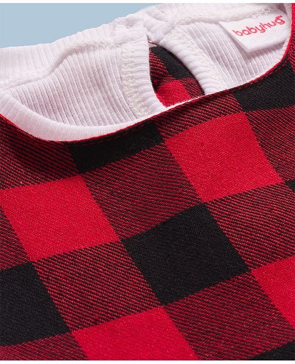 Babyhug Cotton Knit Full Sleeves Checks Printed Frock With Inner Tee & Leggings - Maroon & White