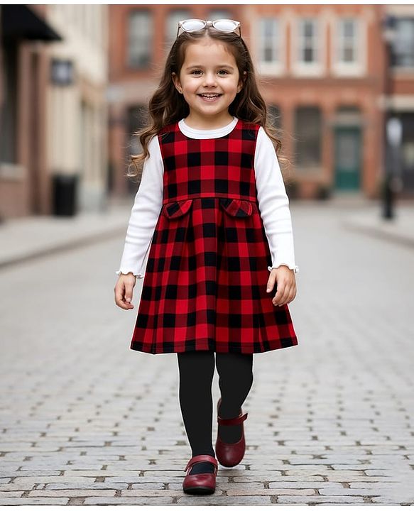 Babyhug Cotton Woven Full Sleeves Checks Printed Frock With Inner Tee & Leggings - Maroon & White
