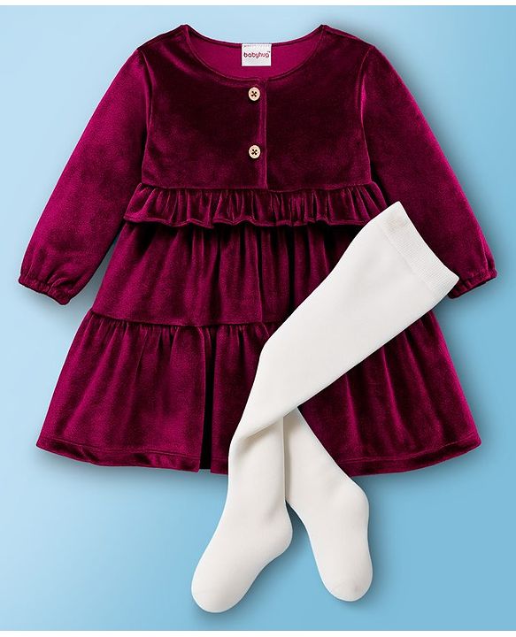 Babyhug Cotton Woven Full Sleeves Solid Frock With Legging - Maroon & White