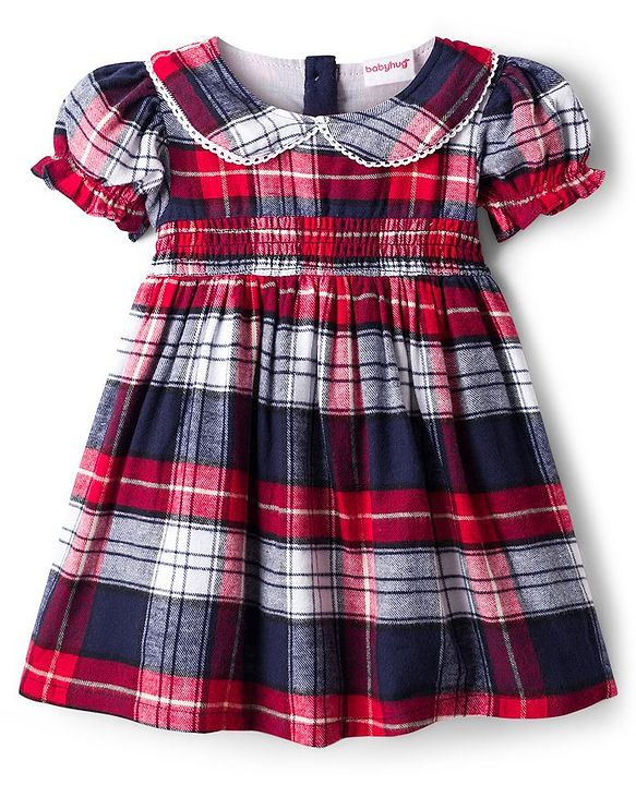 Babyhug Cotton Knit Half Sleeves Checks Frock With Leggings - Navy Blue & Red