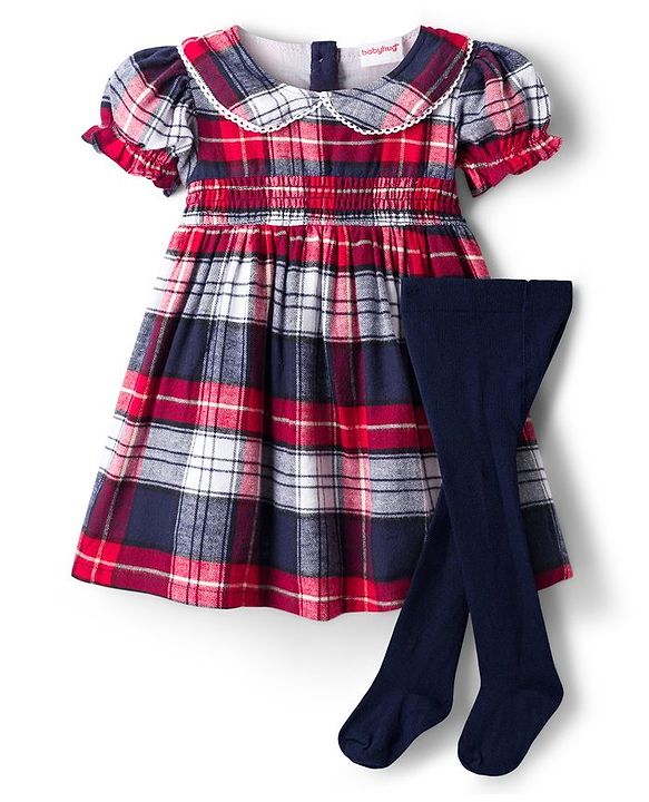 Babyhug Cotton Knit Half Sleeves Checks Frock With Leggings - Navy Blue & Red