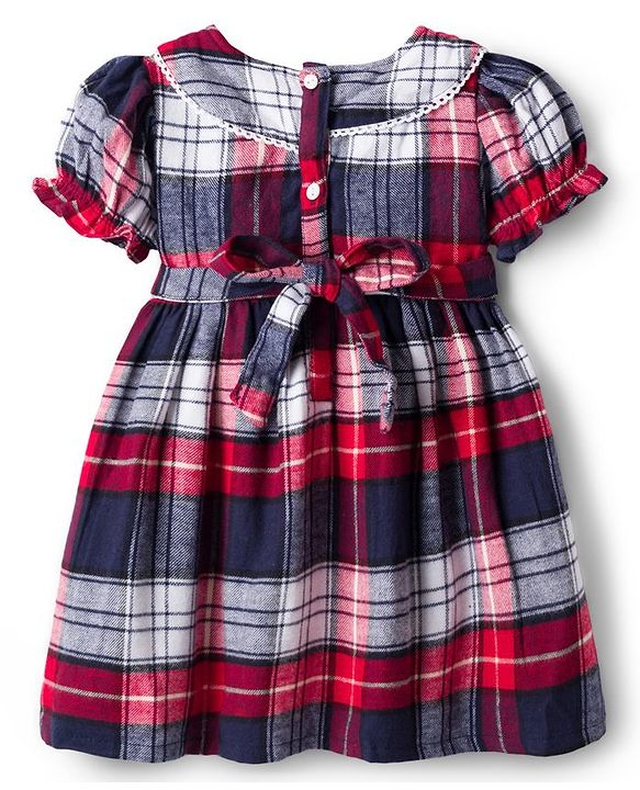 Babyhug Cotton Knit Half Sleeves Checks Frock With Leggings - Navy Blue & Red