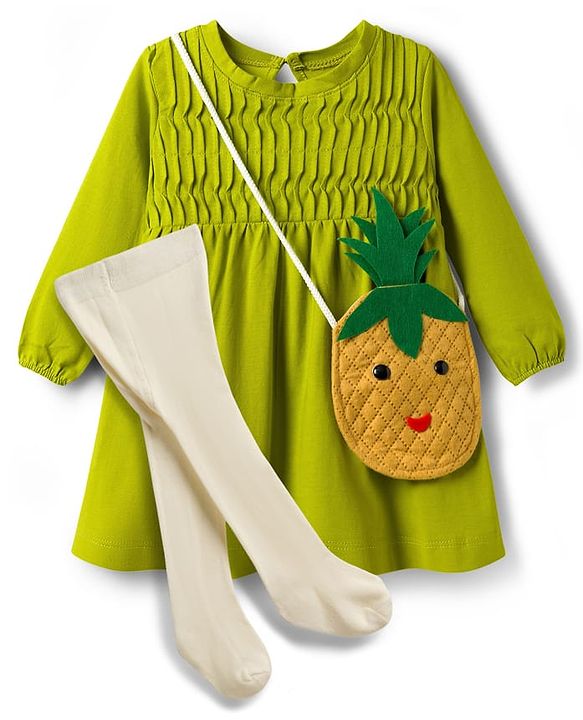 Babyhug Cotton Knit Full Sleeves Frock with Stockings & Sling Bag - Green