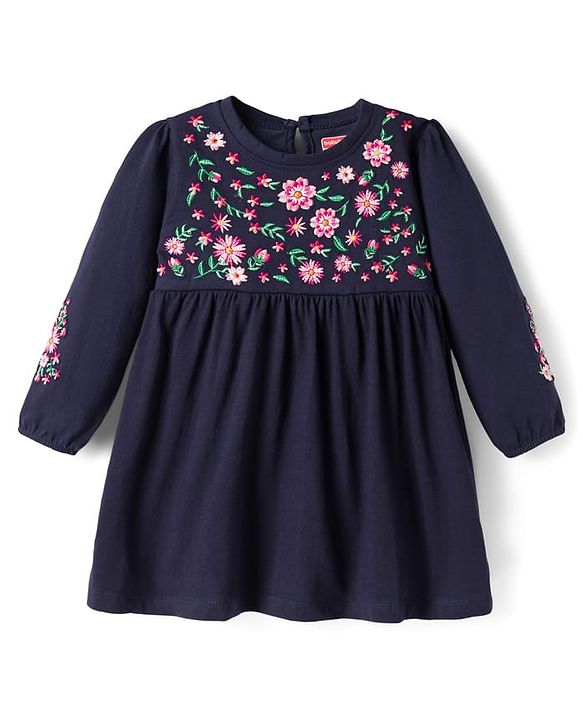 Babyhug 100% Cotton Knit Full Sleeves Floral Embroidered  Frock With Leggings - Navy Blue