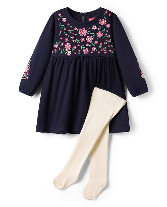 Babyhug 100% Cotton Knit Full Sleeves Floral Embroidered  Frock With Leggings - Navy Blue