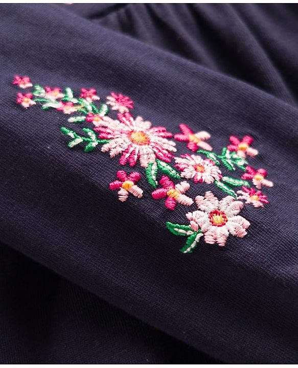 Babyhug 100% Cotton Knit Full Sleeves Floral Embroidered  Frock With Leggings - Navy Blue