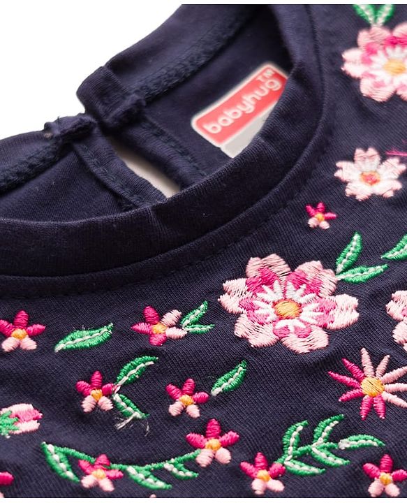 Babyhug 100% Cotton Knit Full Sleeves Floral Embroidered  Frock With Leggings - Navy Blue