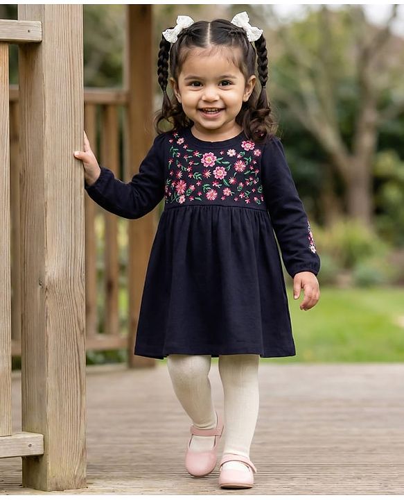 Babyhug 100% Cotton Knit Full Sleeves Floral Embroidered  Frock With Leggings - Navy Blue