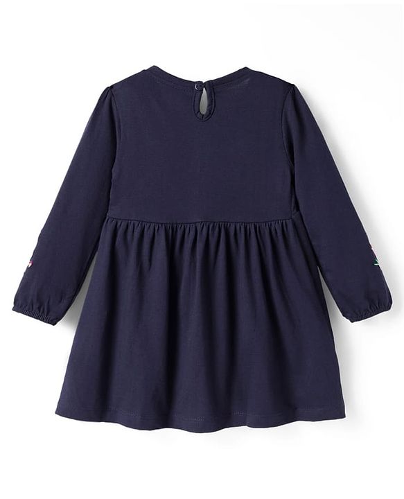 Babyhug 100% Cotton Knit Full Sleeves Floral Embroidered  Frock With Leggings - Navy Blue