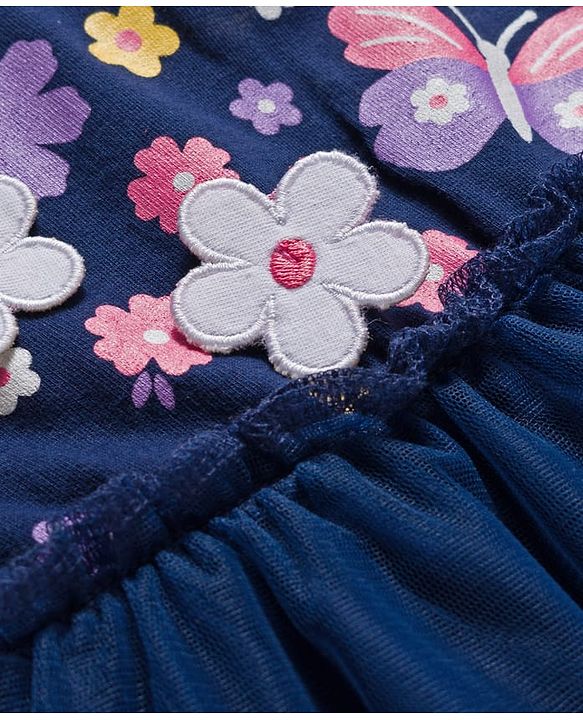 Babyhug Cotton Knit Full Sleeves Frock With Floral Print & Leggings - Navy Blue