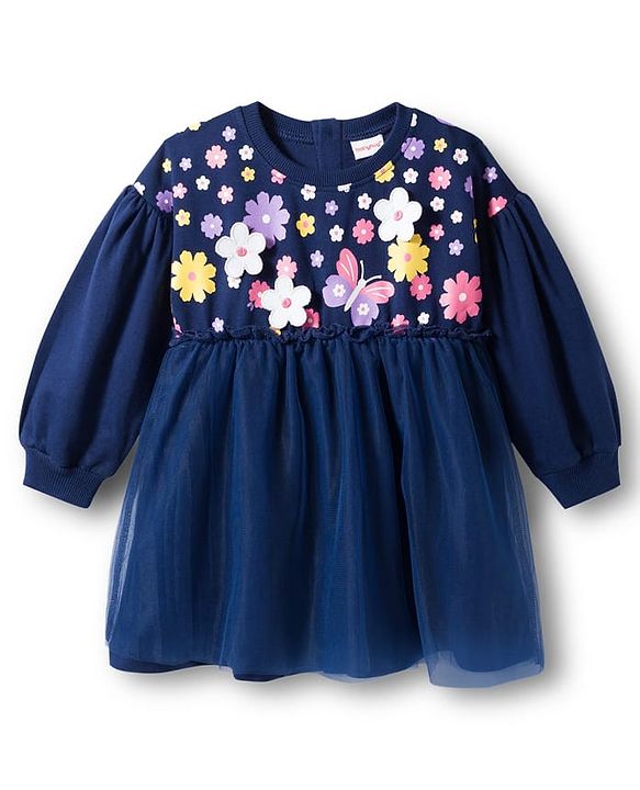 Babyhug Cotton Knit Full Sleeves Frock With Floral Print & Leggings - Navy Blue