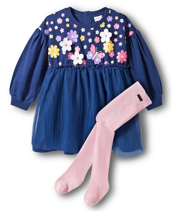 Babyhug Cotton Knit Full Sleeves Frock With Floral Print & Leggings - Navy Blue