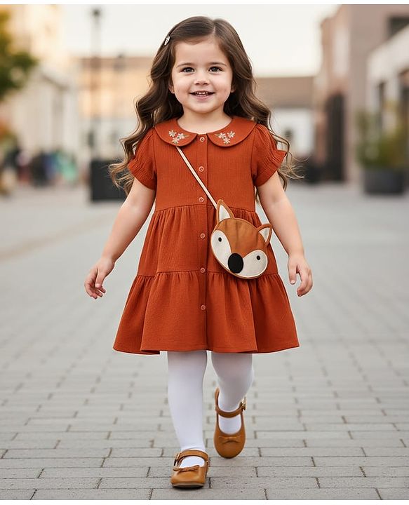 Babyhug Cotton Woven Half Sleeves Floral Embroidered Frock With Leggings & Sling Bag - Red