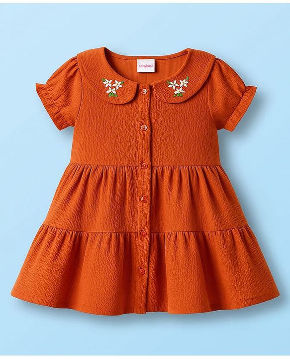 Babyhug Cotton Woven Half Sleeves Floral Embroidered Frock With Leggings & Sling Bag - Red