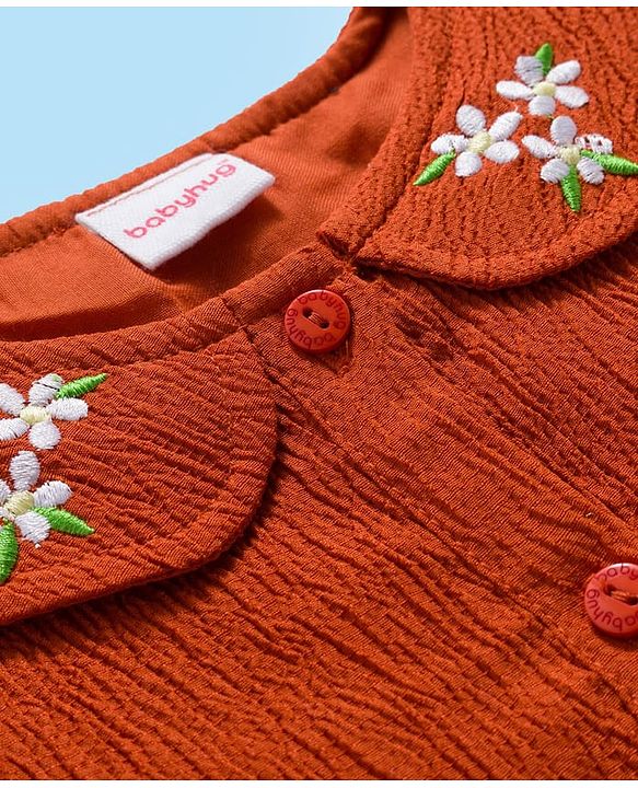Babyhug Cotton Woven Half Sleeves Floral Embroidered Frock With Leggings & Sling Bag - Red