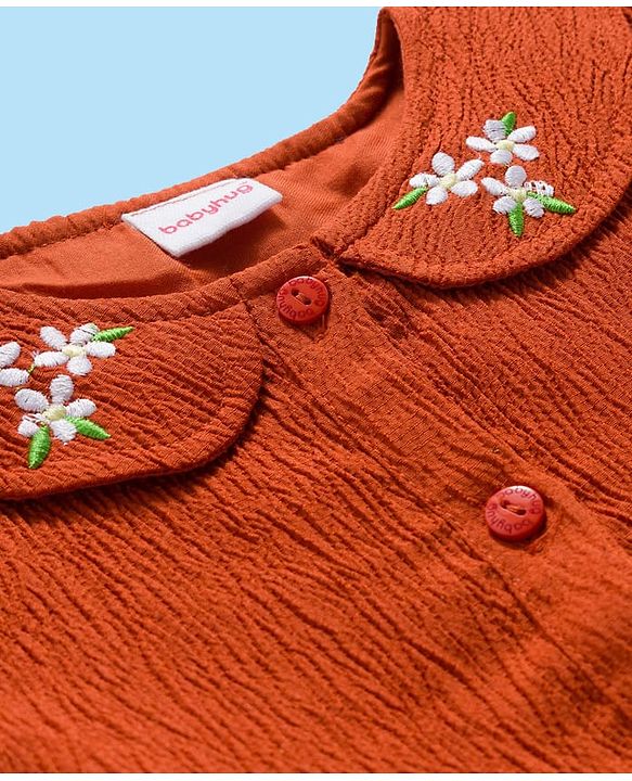 Babyhug Cotton Woven Half Sleeves Floral Embroidered Frock With Leggings & Sling Bag - Red