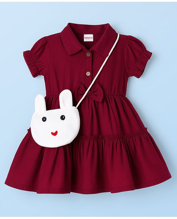 Babyhug Cotton Knit Half Sleeves Shirt Dress With Leggings Belt & Bag - Maroon