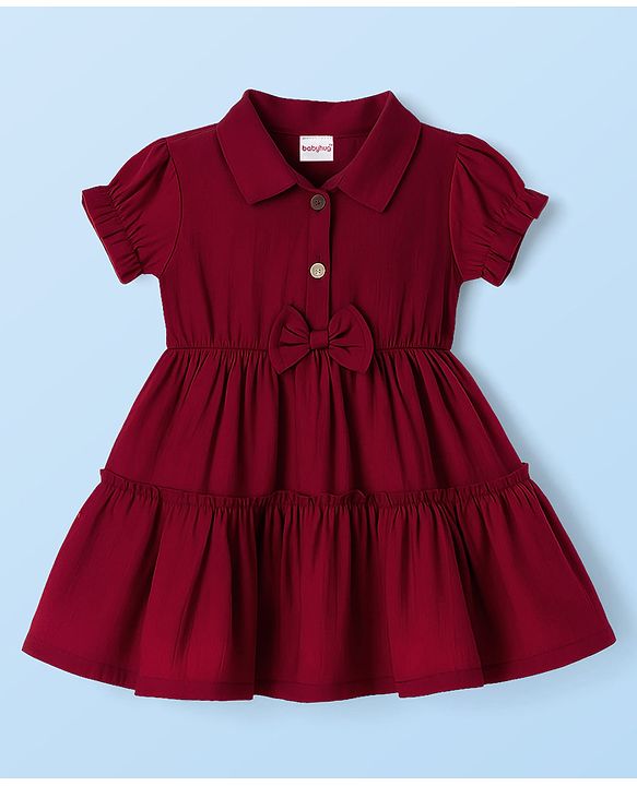 Babyhug Cotton Knit Half Sleeves Shirt Dress With Leggings Belt & Bag - Maroon