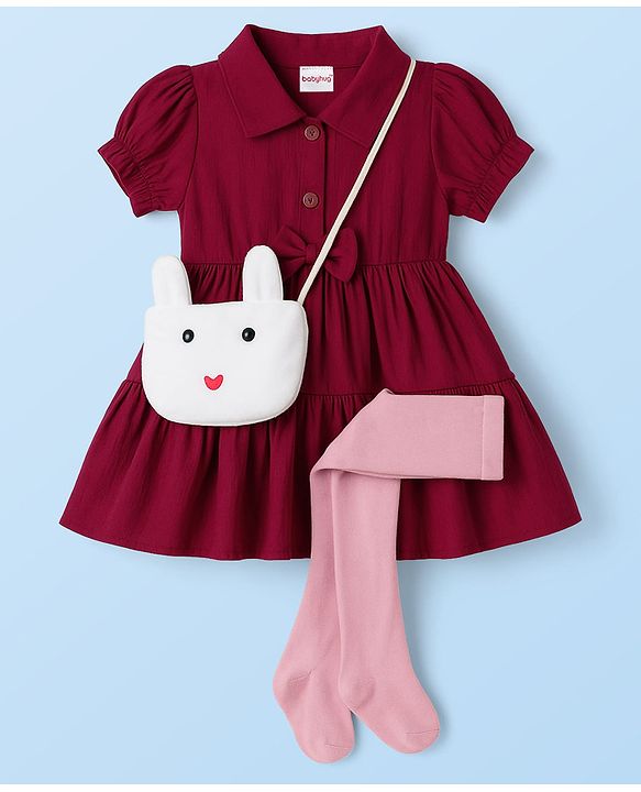 Babyhug Cotton Knit Half Sleeves Shirt Dress With Leggings Belt & Bag - Maroon