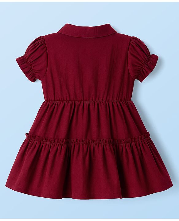 Babyhug Cotton Knit Half Sleeves Shirt Dress With Leggings Belt & Bag - Maroon