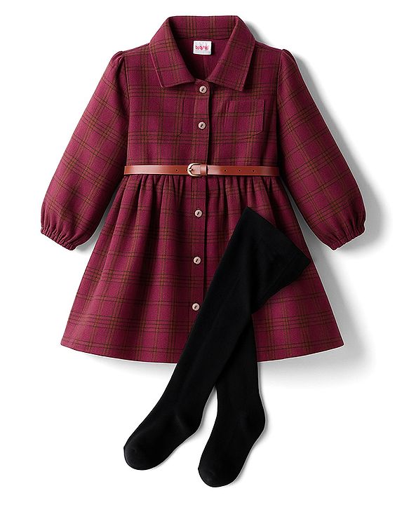 Babyhug Cotton Woven Full Sleeves Checks Frock With Leggings & Belt - Wine