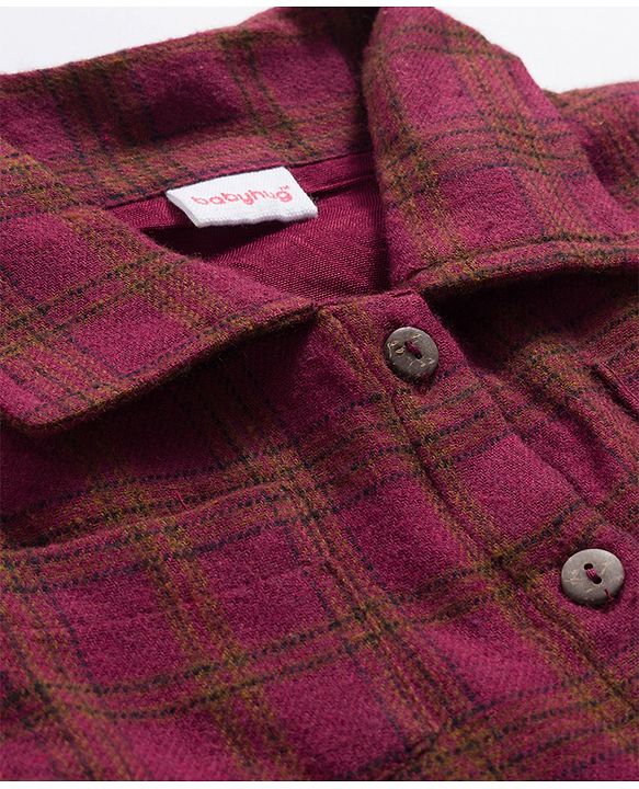 Babyhug Cotton Woven Full Sleeves Checks Frock With Leggings & Belt - Wine