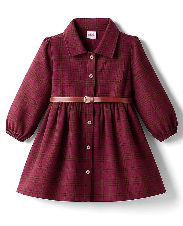 Babyhug Cotton Woven Full Sleeves Checks Frock With Leggings & Belt - Wine