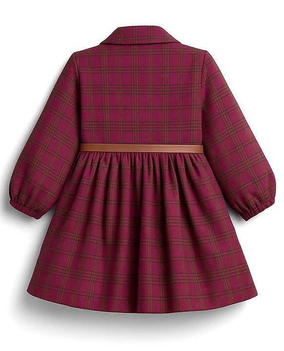 Babyhug Cotton Woven Full Sleeves Checks Frock With Leggings & Belt - Wine