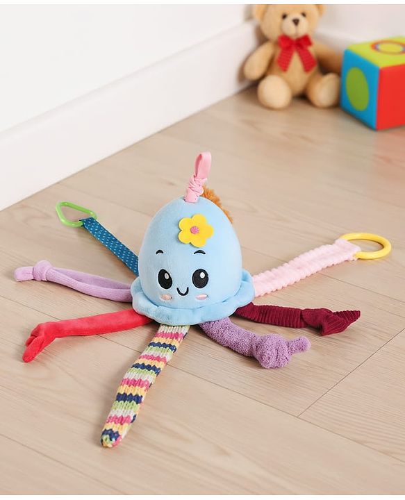 Babyhug Octopus Activity Soft Toy for Babies with Spring Action Pull String| Teether, Crinkle Sound Ribbon, Multi-Texture Sensory Strings| Hanging Design for Stroller/Crib| Toddler Gifting Option