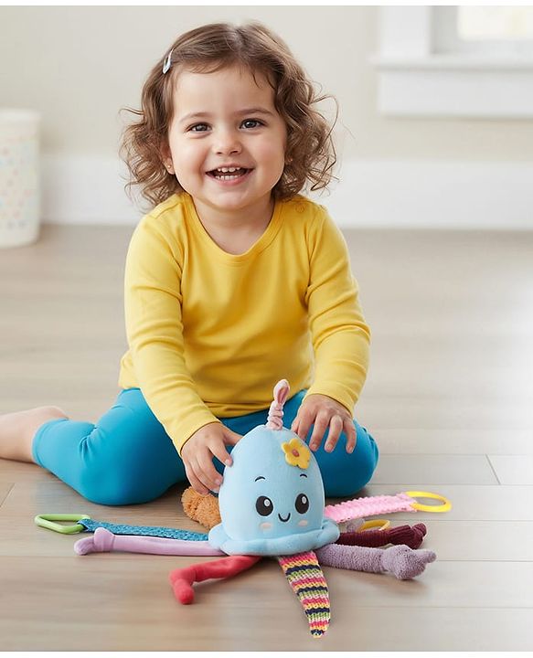 Babyhug Octopus Activity Soft Toy for Babies with Spring Action Pull String| Teether, Crinkle Sound Ribbon, Multi-Texture Sensory Strings| Hanging Design for Stroller/Crib| Toddler Gifting Option