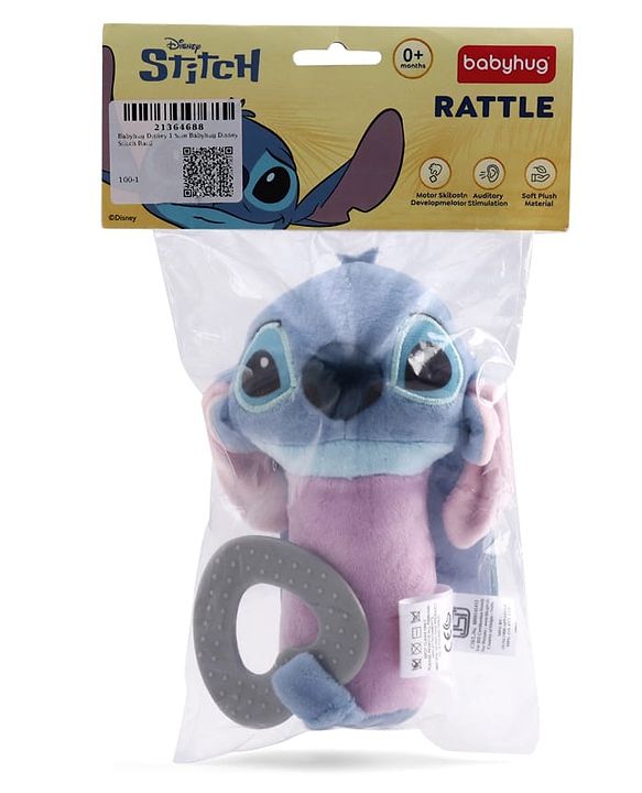 Babyhug Disney Stitch Soft Rattle Toy with Squeeze Sound & Teether| Plush Easy-Grip Sensory Toy for Babies| Supports Teething, Fine Motor Skills & Early Development| BIS Certified