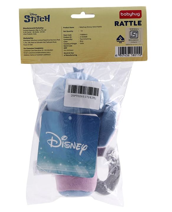 Babyhug Disney Stitch Soft Rattle Toy with Squeeze Sound & Teether| Plush Easy-Grip Sensory Toy for Babies| Supports Teething, Fine Motor Skills & Early Development| BIS Certified