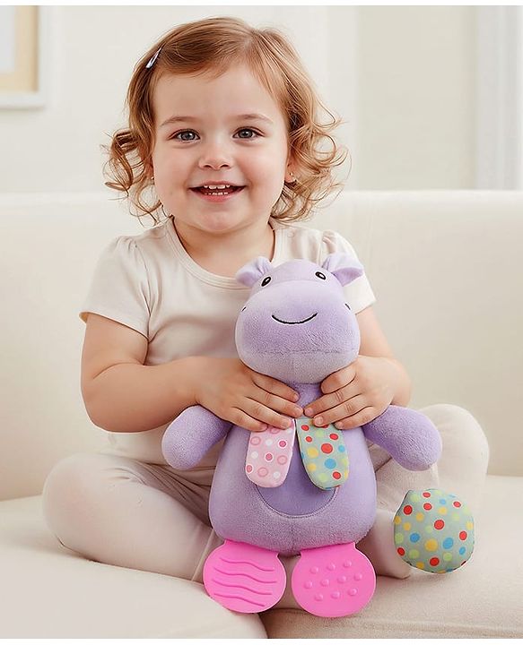 Babyhug Height 22.5 cm Hippo Activity Plush Toy with Teether Legs, Crinkle Fabric & Squeeze Ball - Purple | Soft Sensory Toy for Babies | Non-Toxic Cuddly Soft Toy | Ideal Gift for Infants