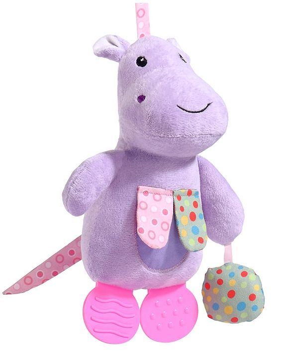 Babyhug Height 22.5 cm Hippo Activity Plush Toy with Teether Legs, Crinkle Fabric & Squeeze Ball - Purple | Soft Sensory Toy for Babies | Non-Toxic Cuddly Soft Toy | Ideal Gift for Infants