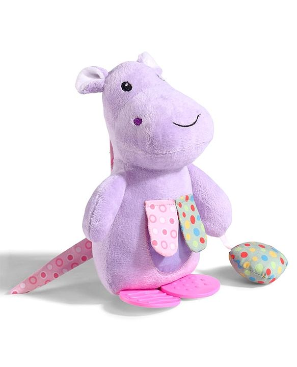 Babyhug Height 22.5 cm Hippo Activity Plush Toy with Teether Legs, Crinkle Fabric & Squeeze Ball - Purple | Soft Sensory Toy for Babies | Non-Toxic Cuddly Soft Toy | Ideal Gift for Infants