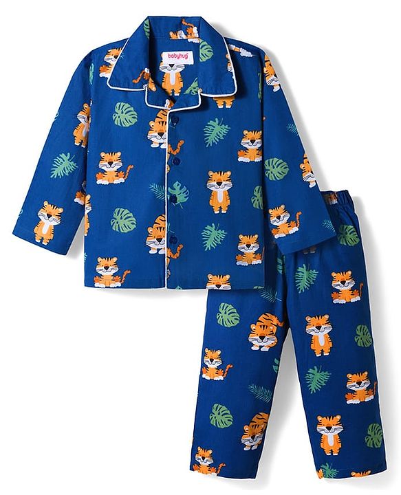 Babyhug Cotton Woven Full Sleeves Co-ords Night Suit With Animal Print - Navy Blue