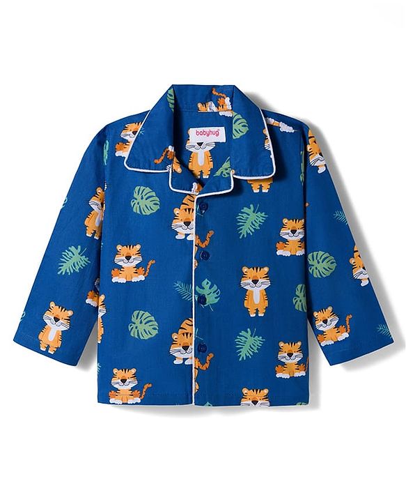 Babyhug Cotton Woven Full Sleeves Co-ords Night Suit With Animal Print - Navy Blue