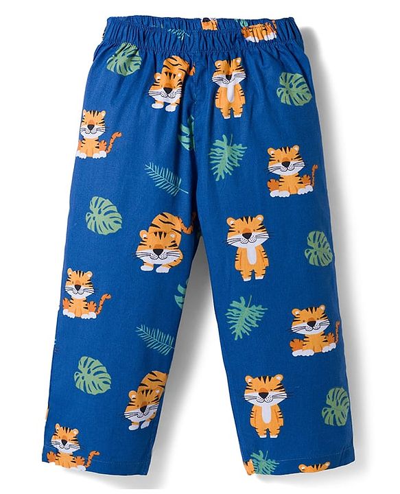 Babyhug Cotton Woven Full Sleeves Co-ords Night Suit With Animal Print - Navy Blue
