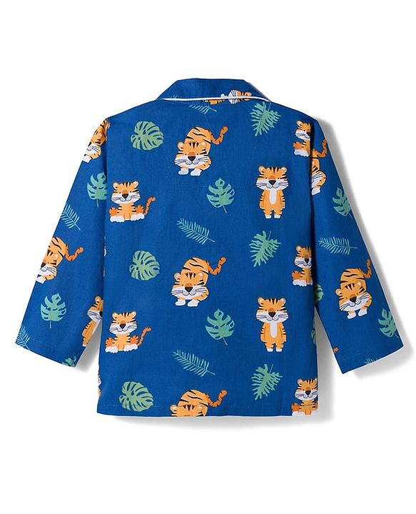 Babyhug Cotton Woven Full Sleeves Co-ords Night Suit With Animal Print - Navy Blue