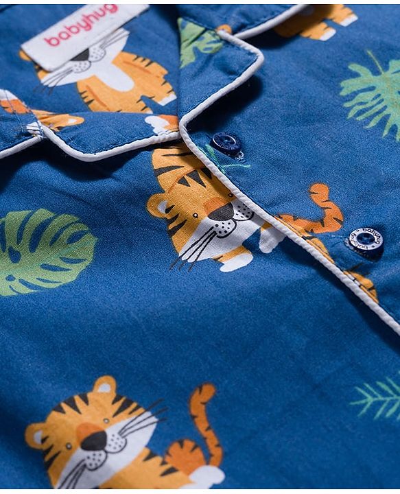 Babyhug Cotton Woven Full Sleeves Co-ords Night Suit With Animal Print - Navy Blue