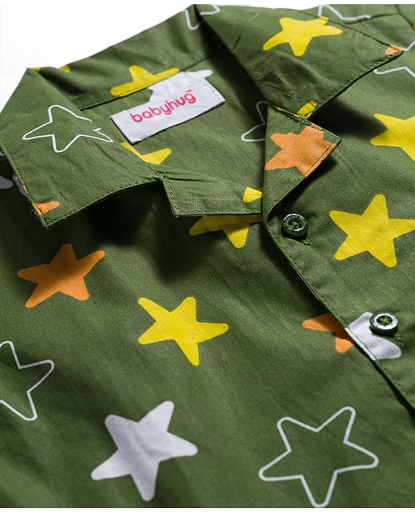 Babyhug Cotton Woven Full Sleeves Co-ords Night Suit With Star Print - Green