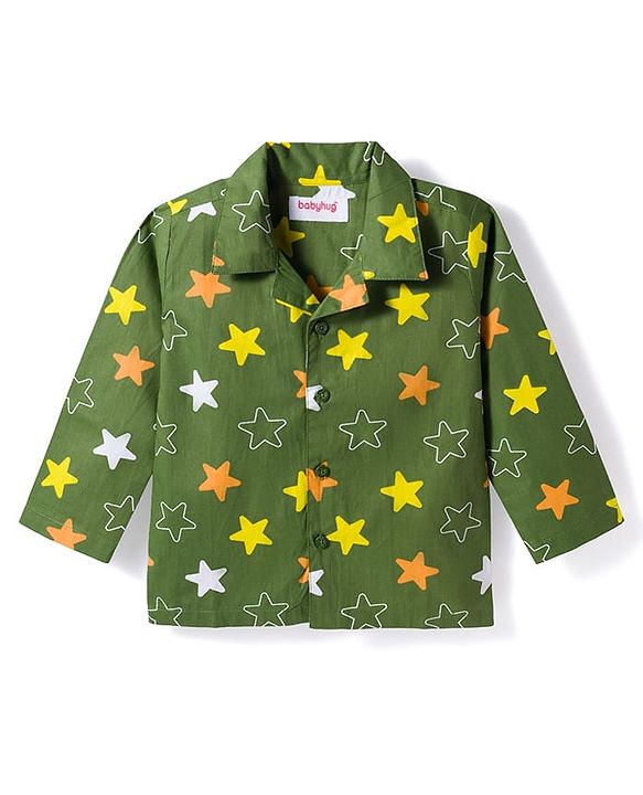 Babyhug Cotton Woven Full Sleeves Co-ords Night Suit With Star Print - Green