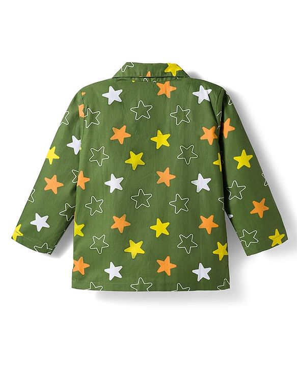 Babyhug Cotton Woven Full Sleeves Co-ords Night Suit With Star Print - Green