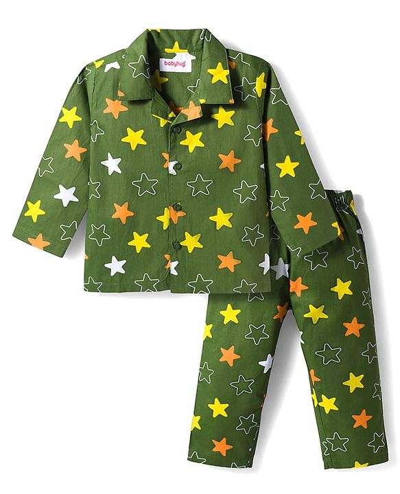 Babyhug Cotton Woven Full Sleeves Co-ords Night Suit With Star Print - Green