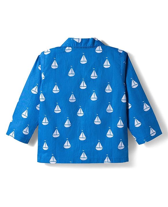 Babyhug Cotton Woven Full Sleeves Co-ords Night Suit With Boat Print - Blue