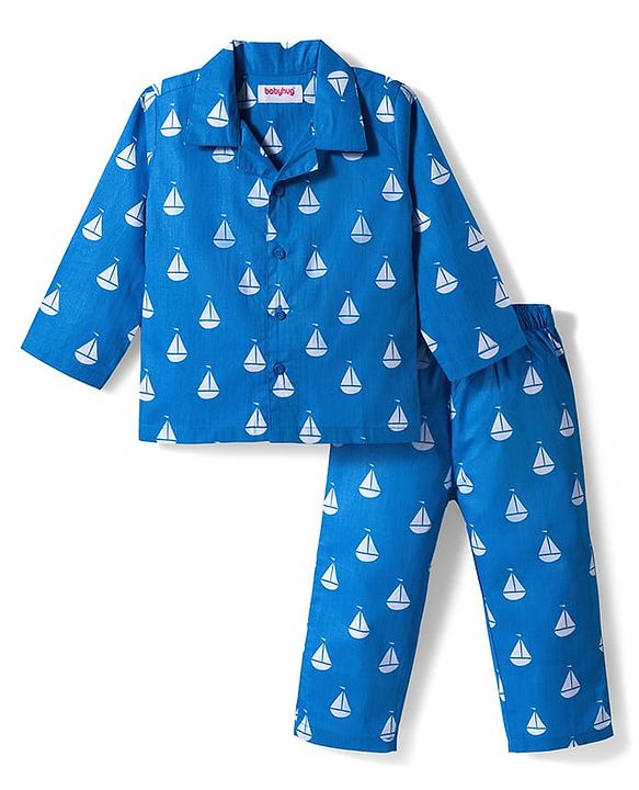 Babyhug Cotton Woven Full Sleeves Co-ords Night Suit With Boat Print - Blue