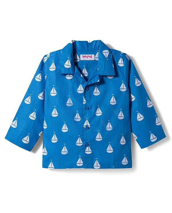 Babyhug Cotton Woven Full Sleeves Co-ords Night Suit With Boat Print - Blue