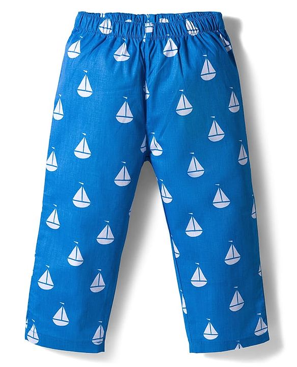 Babyhug Cotton Woven Full Sleeves Co-ords Night Suit With Boat Print - Blue