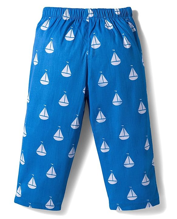 Babyhug Cotton Woven Full Sleeves Co-ords Night Suit With Boat Print - Blue