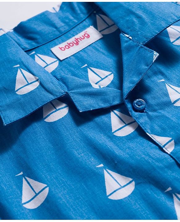 Babyhug Cotton Woven Full Sleeves Co-ords Night Suit With Boat Print - Blue